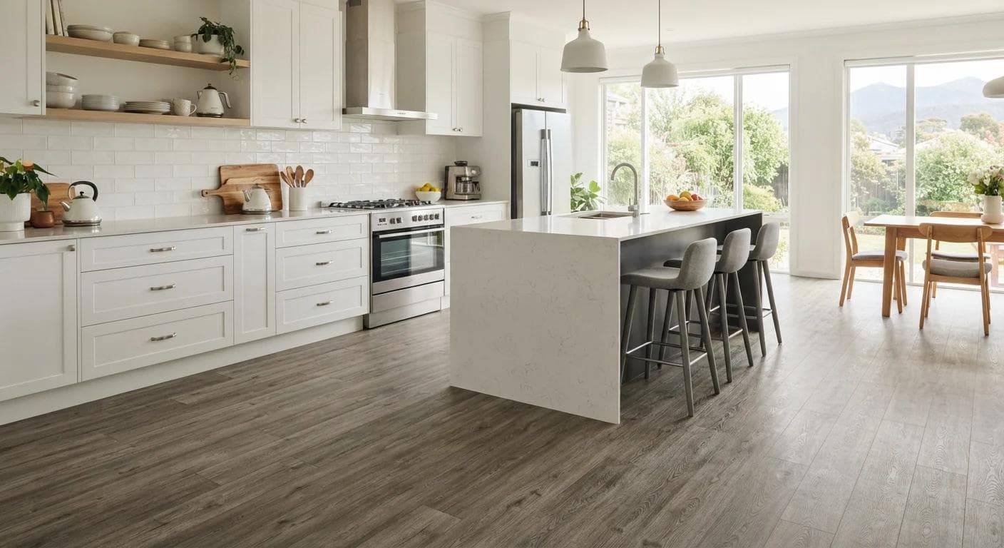 Suburban Hobart kitchen finished in high-durability weathered grey oak laminate.