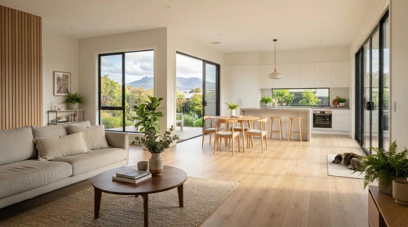 Sunlight falling across pale hybrid flooring in a north-facing living room.
