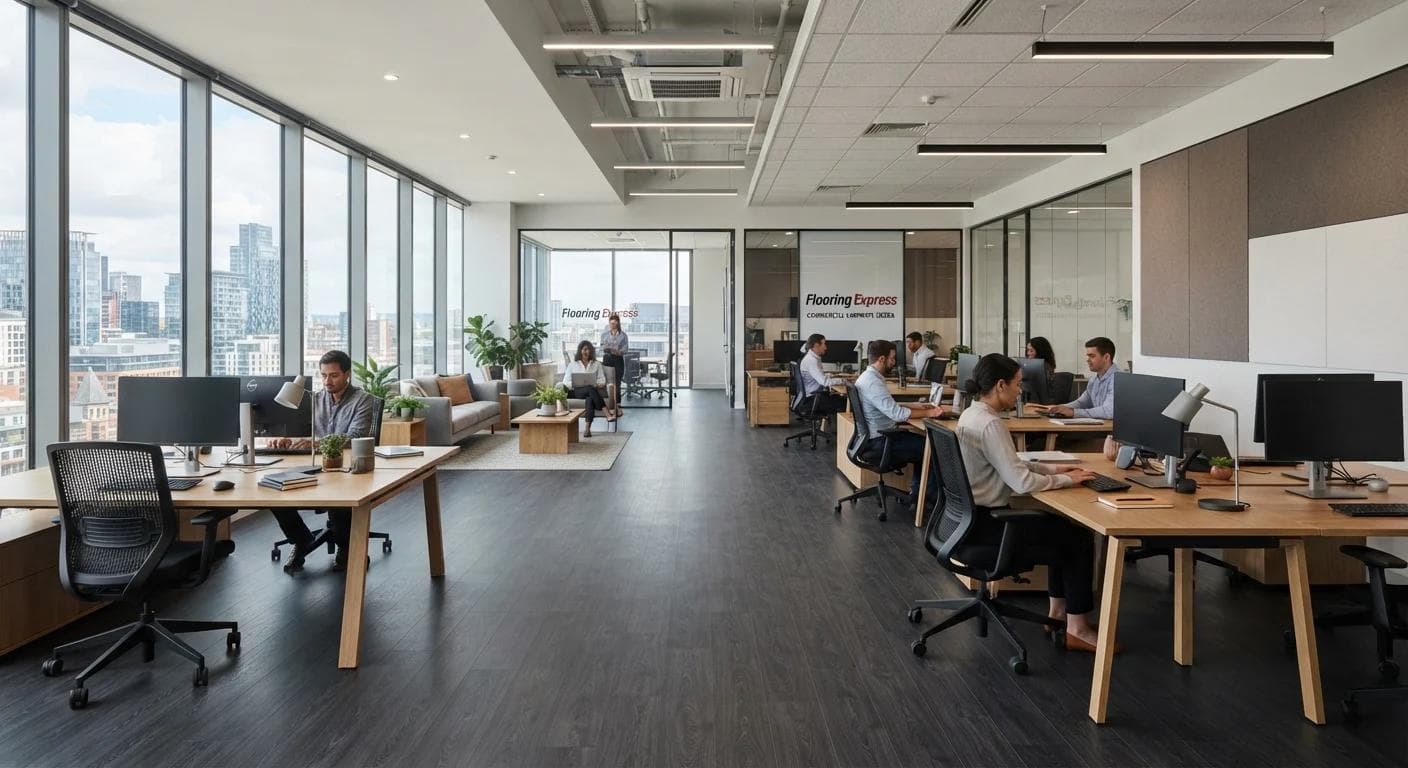 Open-plan Hobart CBD office floor finished in Smoked Oak commercial laminate.